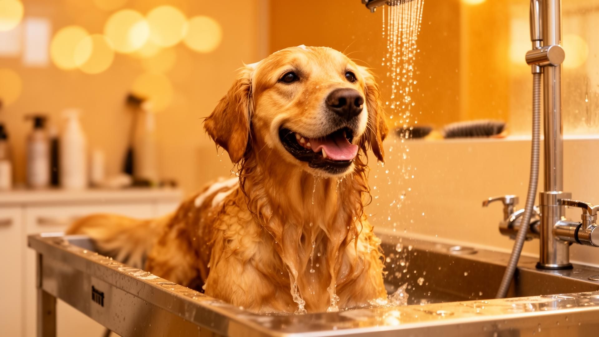 Cachorro feliz tomando banho